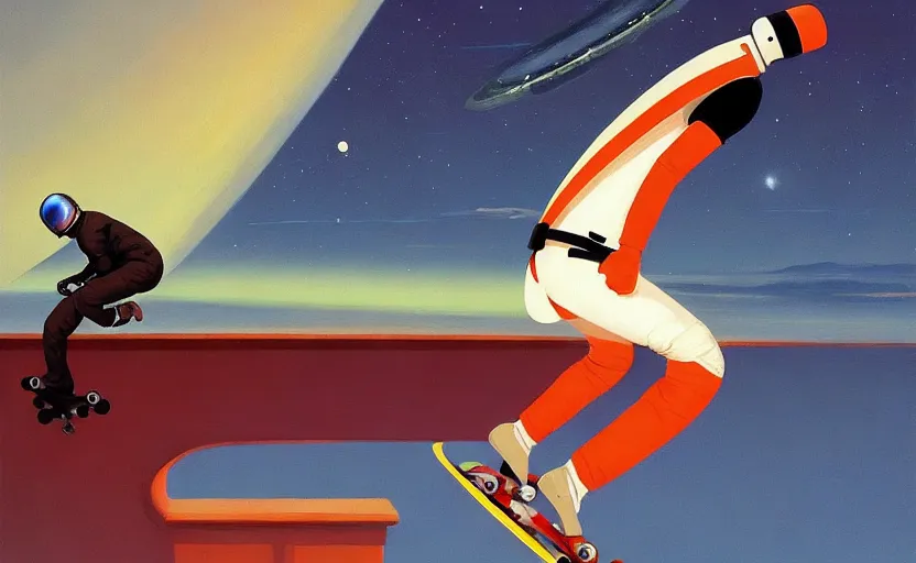 Prompt: an astronaut riding a skateboard, very coherent, painted by Edward Hopper, Wayne Barlowe, painted by James Gilleard, airbrush, art by JamesJean