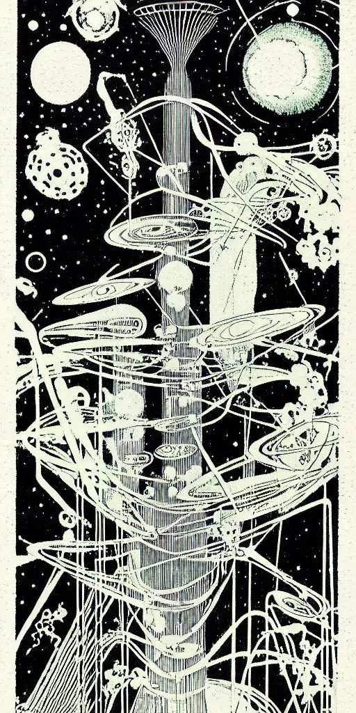 Image similar to 1968 science fiction tarot card, cut out collage, Jugendstil, xerox punk, spring on Saturn, epic theater, deep sea, mountain plants, nouvelle vague, drawings in part by moebius, part by Ernst Haekl, text by William S Boroughs, composition by bauhaus