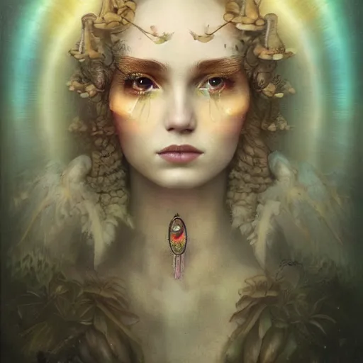 Prompt: By Tom Bagshaw, photorealistic soft paint portrait of a beautiful female face in full long dress curiosities carnival with mushrooms, symmetry accurate features, very intricate details, focus, ominous sky, rainbow lighting, volumetric clouds, god rays