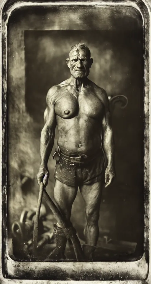 Image similar to a wet plate photograph, a portrait of a muscular blacksmith