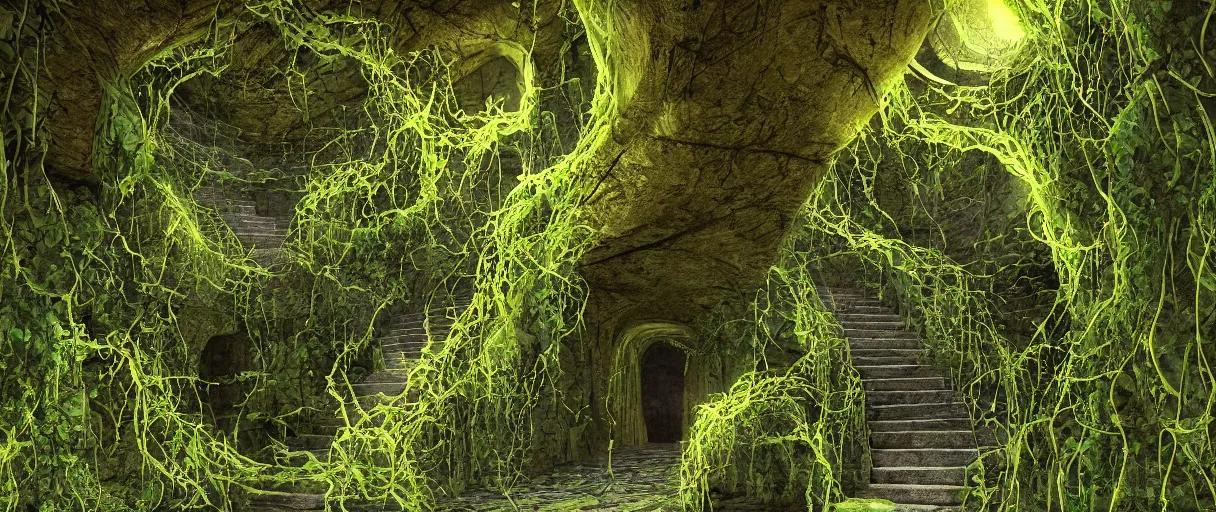 Prompt: a first person perspective shot looking up a stone staircase leading to an ancient stone archway that leads to an aaahh!!! Real monsters dimension covered in vines and emanating glowing yellow green light by James Gurney and beeple | unreal engine