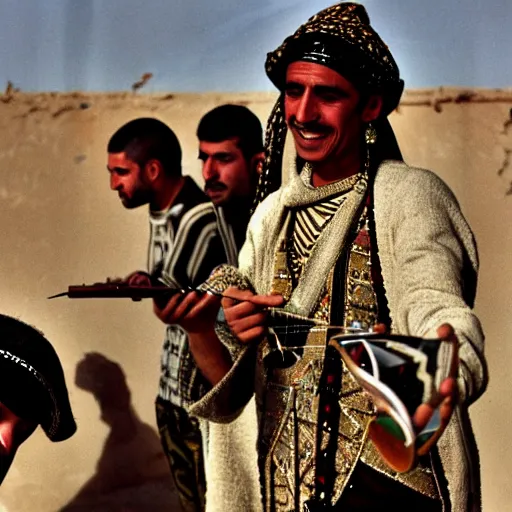 Prompt: berber musicians, smoking hashish and playing string instruments in a dusty, sunny environment, a frame from an early star wars movie