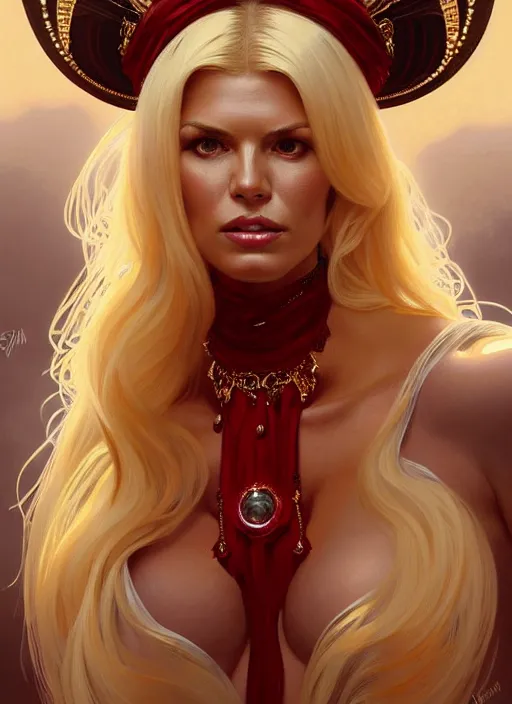 Image similar to portrait of victoria silvstedt as a sultry lady, collar, jewelry, greek, ruby, intricate, headshot, highly detailed, digital painting, artstation, concept art, sharp focus, cinematic lighting, illustration, art by artgerm and greg rutkowski, alphonse mucha, cgsociety