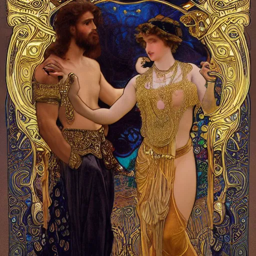 Prompt: realistic detailed dramatic symmetrical portrait of Adam and Eva as Salome dancing, wearing an elaborate jeweled gown, by Alphonse Mucha and Gustav Klimt, gilded details, intricate spirals, coiled realistic serpents, Neo-Gothic, gothic, Art Nouveau, ornate medieval religious icon, long dark flowing hair spreading around her