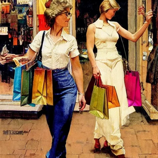 Prompt: action scene of women shopping, oil painting by frank frazetta and norman rockwell, cinematic, hyperreal, intense, highly textured, wide angle, insanely detailed, god rays, 3 5 mm, shallow depth of field