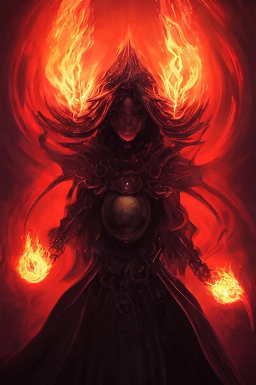 Image similar to Black Orb of Fire, digital art, fantasy, magic, trending on artstation, illustration by Seb McKinnon and Peter Mohrbacher, ultra detailed, atmospheric, powerful presence, bossfight, darksouls, grand finale, explosive entrance, final battle, cutscene, cinematic lighting, beautiful goddess, unleashing the power of the flame, burning pulse, close-up