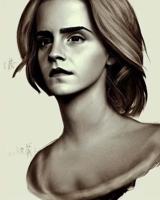 Image similar to detailed digital illustration of a emma watson bust, chinese artwork, soft brushstrokes, subsurface scattering, warm lighting