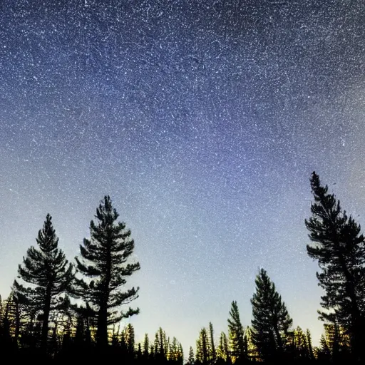 Image similar to Pine trees, night sky, radio telescope, unknown mysteries, unknown signals from outer space