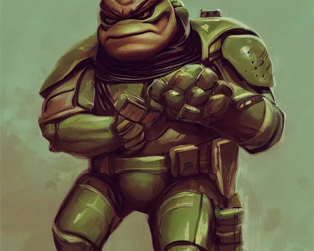 Image similar to portrait of a doomguy as a ninja turtle, fantasy, hd shot, digital portrait, beautiful, artstation, comic style, by artgerm, guy denning, jakub rozalski, magali villeneuve and charlie bowater