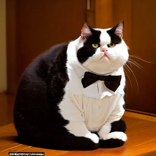 Prompt: a very fat and judgmental cat wearing a full tuxedo, sitting in a dimly lit parlor lounge, photograph!