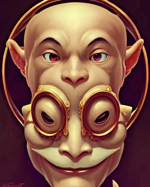 Image similar to portrait of disney happy mask salesman from zelda, intricate, elegant, highly detailed, my rendition, digital painting, artstation, concept art, smooth, sharp focus, illustration, art by artgerm and greg rutkowski and alphonse mucha and uang guangjian and gil elvgren and sachin teng and wlop, symmetry!!