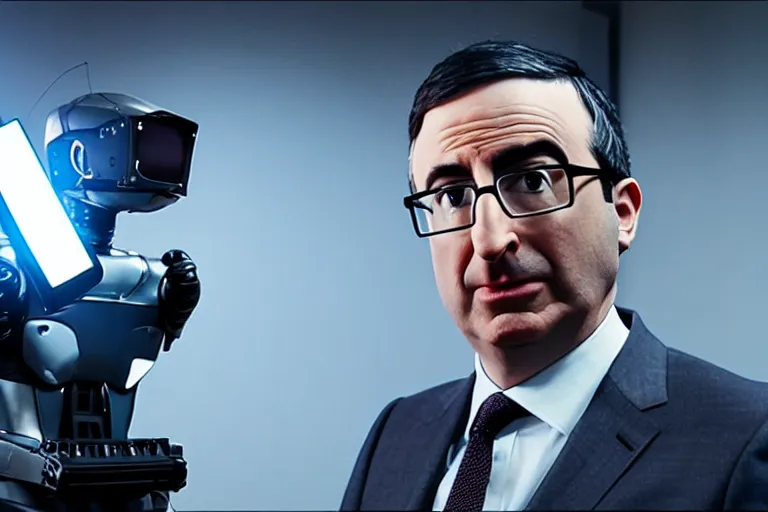 Image similar to vfx film closeup, john oliver interviewing a robot, flat color profile low - key lighting award winning photography arri alexa cinematography, hyper real photorealistic cinematic, atmospheric cool colorgrade