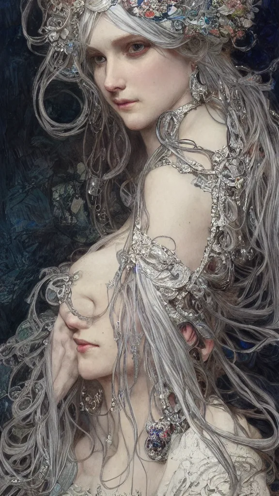 Image similar to a highly detailed beautiful white haired woman, adorned with precious stones, pen and ink, intricate line drawings by jeremy mann and alphonse mucha, 8 k resolution, trending on artstation, very very detailed, masterpiece, stunning,