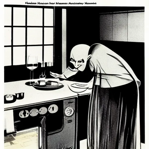 Image similar to nosferatu is cooking in a kitchen, american advertising 1 9 6 0's, photography