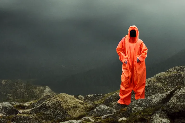 Prompt: a cinematic portrait of a beautiful model woman wearing hazmat suit, on the top of a mountain, overlooking a vast serene forest, large diffused light, neon light, 4 k, ultra realistic, dramatic lighting, rain, clouds, fog, vogue, fashion, glamour, magazine spread, by marco mazzoni and jessica rossier