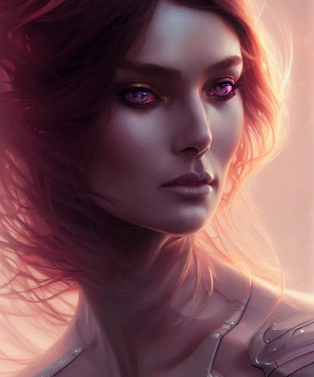 Image similar to futuristic woman portrait, sci-fi, amber eyes, face, long hair, fantasy, intricate, elegant, highly detailed, digital painting, artstation, concept art, smooth, sharp focus, illustration, art by artgerm and greg rutkowski and alphonse mucha