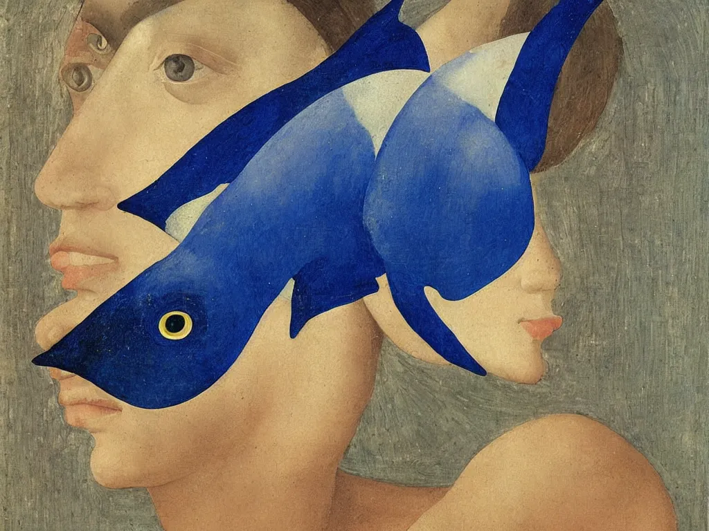 Image similar to portrait of a woman head with close up exotic blue - faced angelfish fish. lapis lazuli, malachite, cinnabar, gold. painting by piero della francesca, balthus, agnes pelton