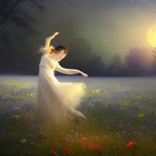 Prompt: the moonlit dance of the fae, dancers in white dancing across a flower meadow the moonlit dance by elena vizerskaya and ivan aivazovsky, perfectly detailed, artstation, sharp focus, highly detailed, studio photography, photorealism, atmospheric, trending on artstation, surrealist, volumetric lighting