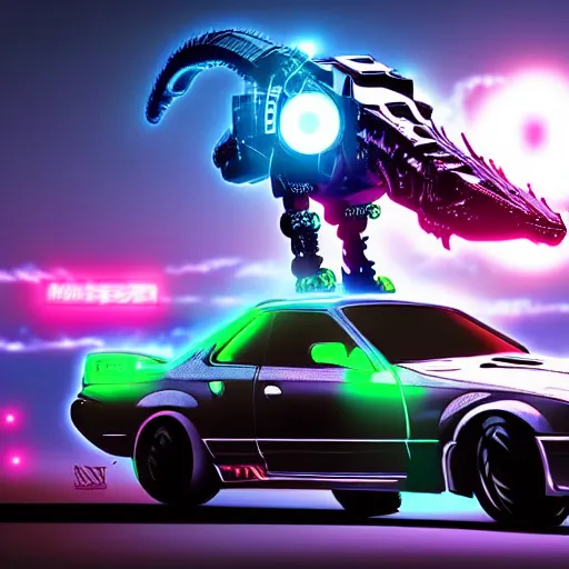 Prompt: detailed photorealistic render of an anime style mecha robot dinosaur on top of a nissan skyline r34 cyberpunk, neon, night, godzilla, jurassic Park