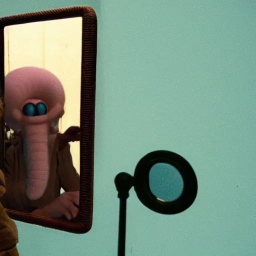 Image similar to man looking into a mirror, his reflection is not there, squidward is in the mirror, photograph