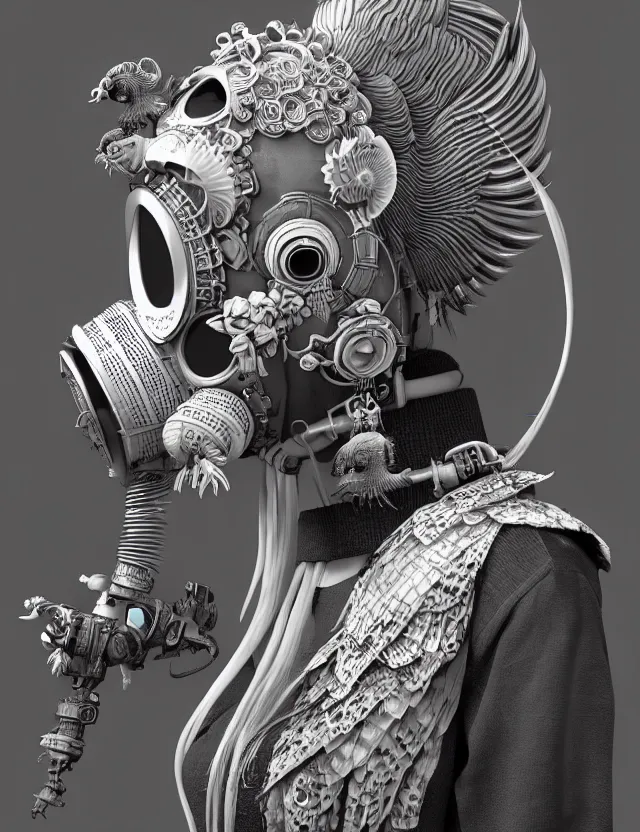 Image similar to 3 d goddess close - up profile punk portrait with vintage gas mask ram skull. beautiful intricately detailed japanese crow kitsune mask and clasical japanese kimono. betta fish, jellyfish phoenix, bio luminescent, plasma, ice, water, wind, creature, artwork by tooth wu and wlop and beeple and greg rutkowski