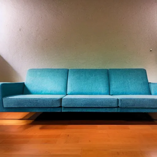 Prompt: photo of sofa with integrated backlit stained glass designed by Frank Lloyd Wright