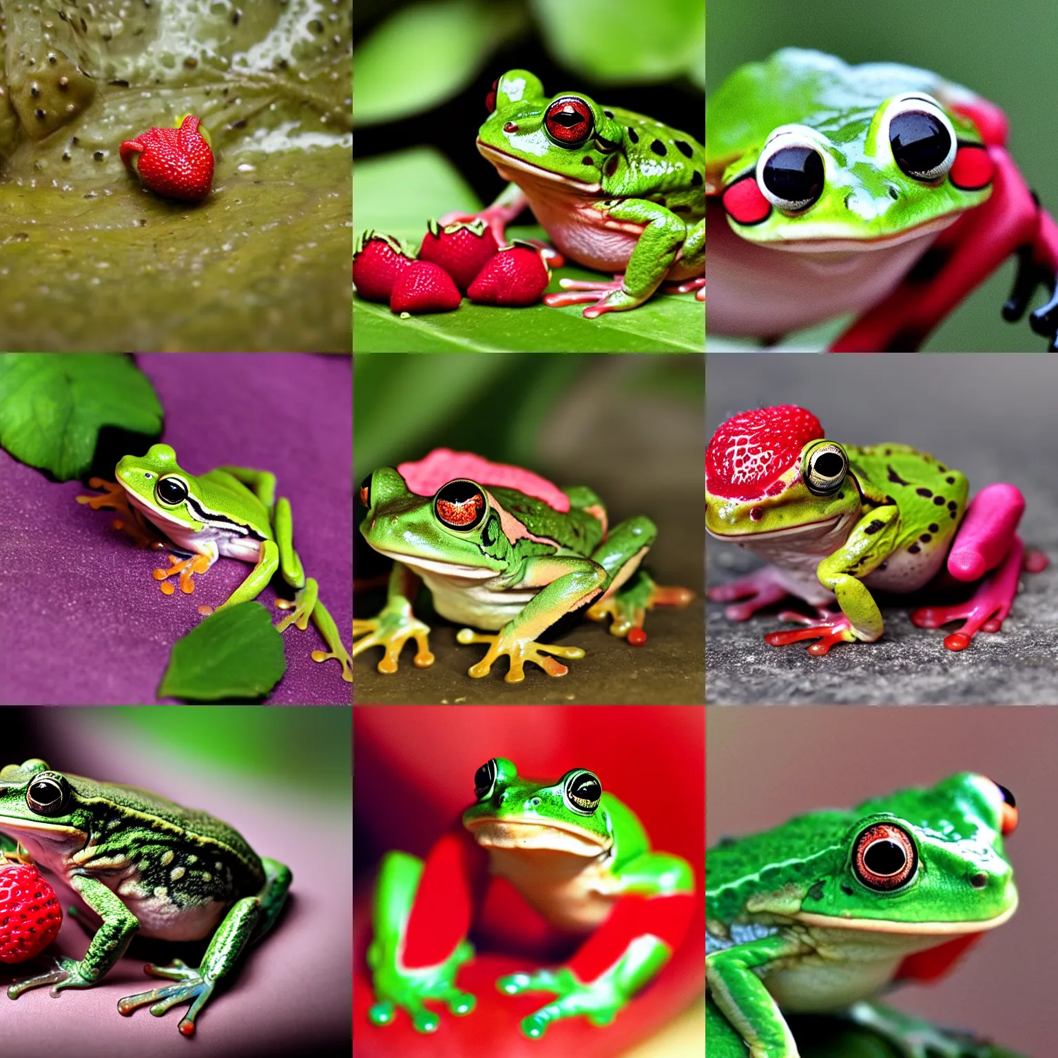 Prompt: photo of a frog that looks like a strawberry