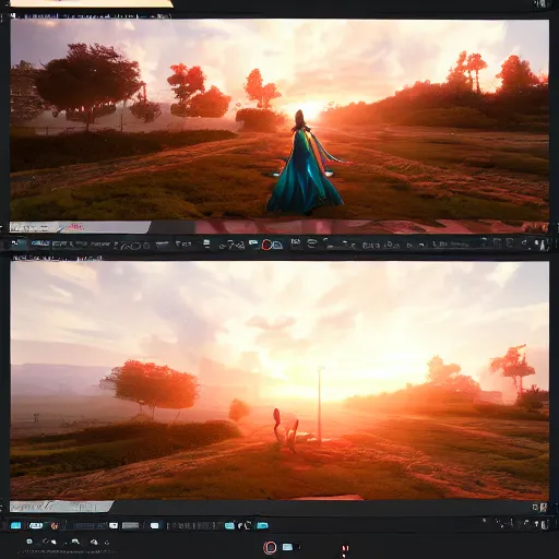 Image similar to powerful godess fighting in a hard battle against evil realistic sunset light rainy award winning, trending on artstation, unreal engine