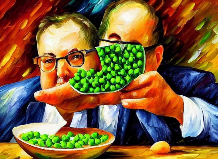 Prompt: a photograph of a chubby white man with glasses eating peas by leonid afremov
