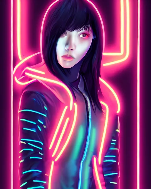 Image similar to a cyberpunk girl wearing neon hoodie, chrome, neon light, japan, perfect face, high detailed, realistic, preatty face, asian, long hair, cyberpunk, geisha, arcane style, 3 d mix with 2 d