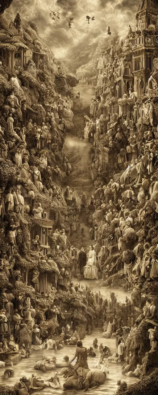 Image similar to The valley between worlds connected by human spirituality showcasing to victorian era people floating towards each other with outstretched arms. Intricate details, photo realistic, award winning, dramatic lighting, intricate details, award winning, depth of field, UHD 8K