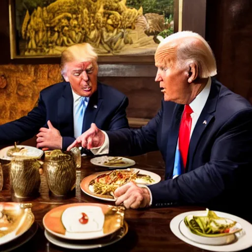 Image similar to donald Trump and joe Biden having dinner at a fancy Balinese restaurant, award winning photography, 85mm, perfect faces