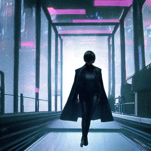 Prompt: joi from blade runner as a giant translucent hologram, leaning forward to look at a regular sized person on a bridge, neo noire