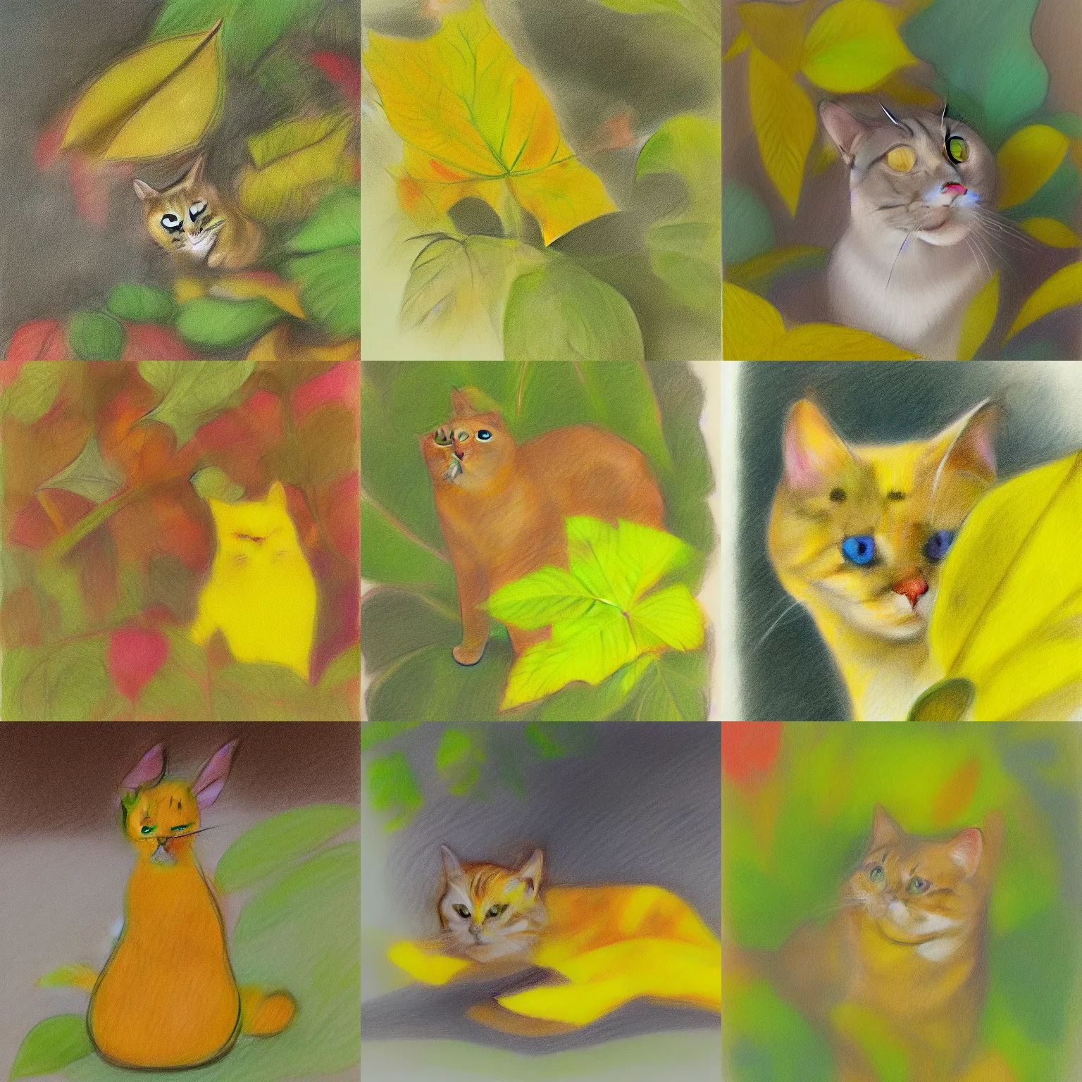 Prompt: a yellow cat near a yellow leaf, colorful drawing, pencil, impressionist