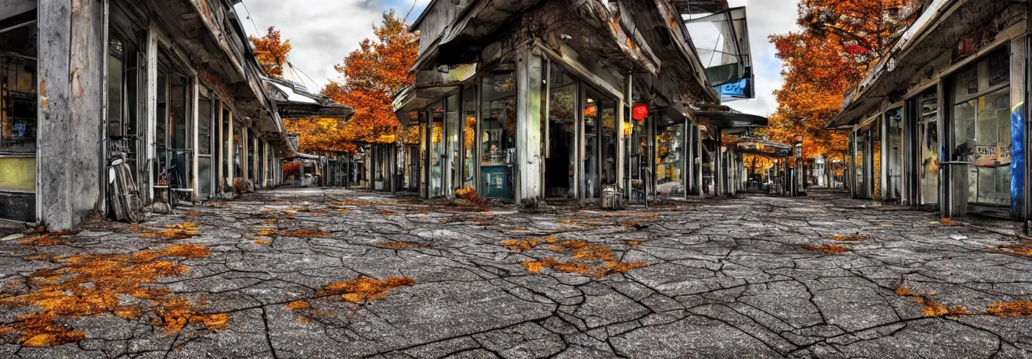 Prompt: Abandoned cafe on parking lot HDR cinematic noon detailed sunny cracked pavement autumn