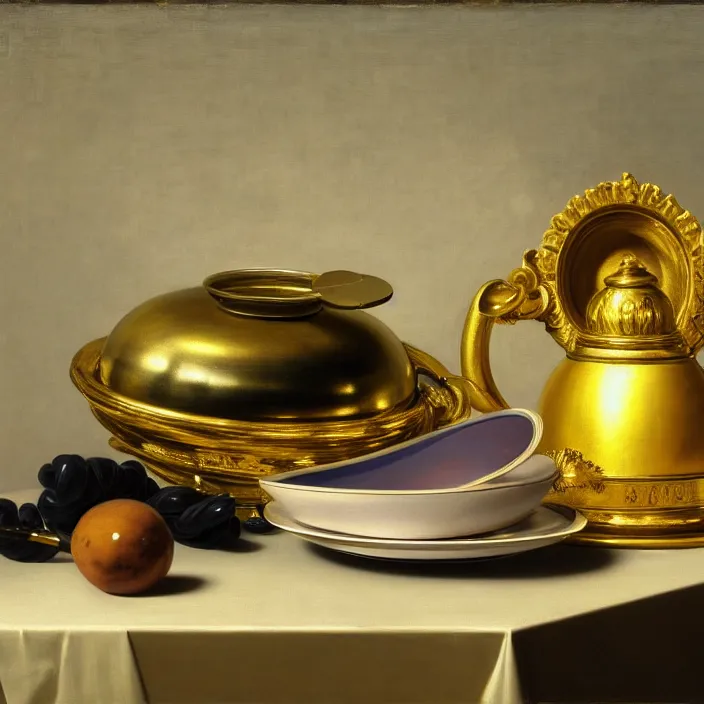Prompt: still life painting of random vaporwave objects by pieter claesz, oil on canvas, strong lighting, highly detailed, hyper realism, golden hour, god rays, hd, 4 k