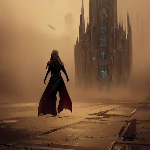 Prompt: gothic concept art by greg rutkowski, supergirl walking down a barren street towards a monolithic and menacing looking structure in the distance, enigmatic atmosphere, beautiful and cinematic lighting, artstation hq.
