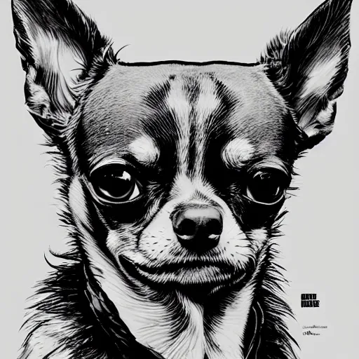 Image similar to portrait of a chihuahua looking angry by martin ansin, comic book art, frank miller, artstation, highly detailed, cinematic, extremely detailed, high quality