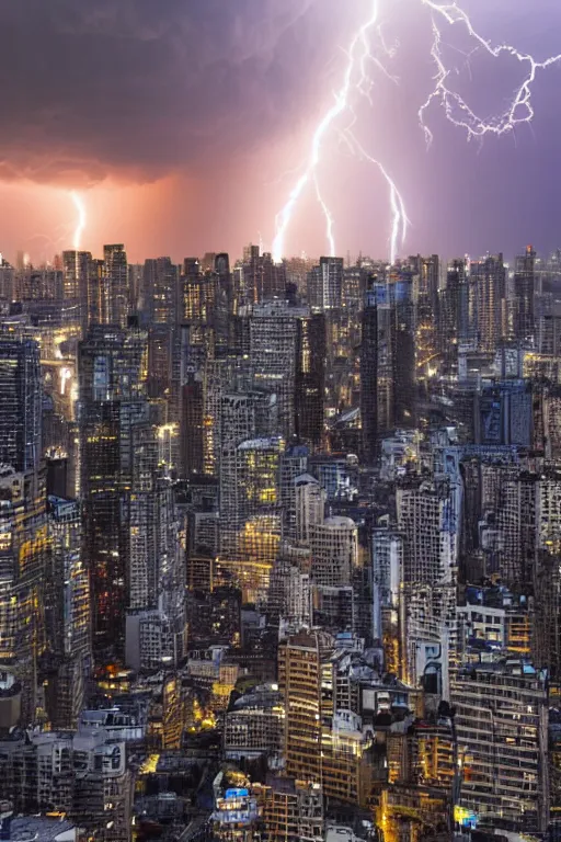 Prompt: a photo of a supercell thunderstorm in a city, cityscape, skyscrapers, illuminated from various angles by the setting sun, cinematic, dynamic lightning, lightning bolts, mystic hue clouds