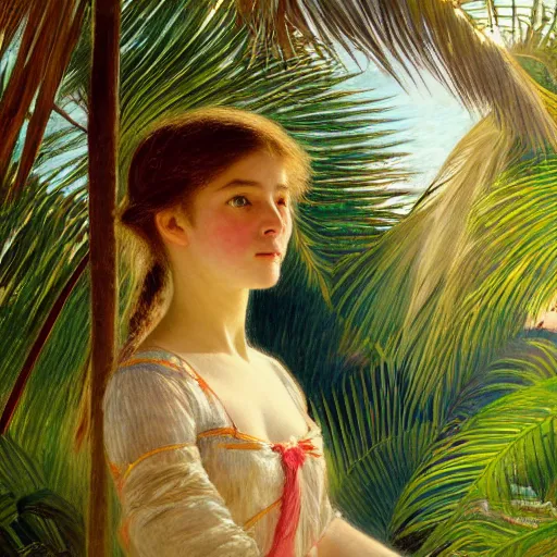 Image similar to a ultradetailed beautiful painting of a girl in the amazonas palace designed by jules bastien - lepage, hans belmer, frank weston and gustave baumann, beach, trending on artstation, mediterranean, palm trees, refracted color sparkles, sharp focus, soft light, 8 k 4 k