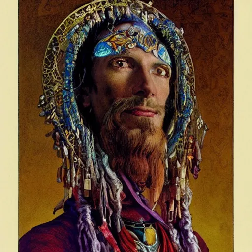 Image similar to baroque portrait of an art deco shaman, reflective detailed textures, highly detailed fantasy science fiction painting by annie swynnerton and jean delville and moebius, norman rockwell and maxfield parrish. rich colors, high contrast. artstation