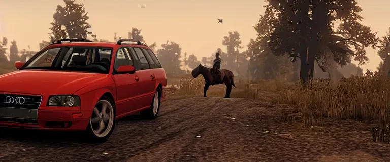 Image similar to Audi A4 B6 Avant (2002) chasing a bandit on a horse in Red Dead Redemption 2