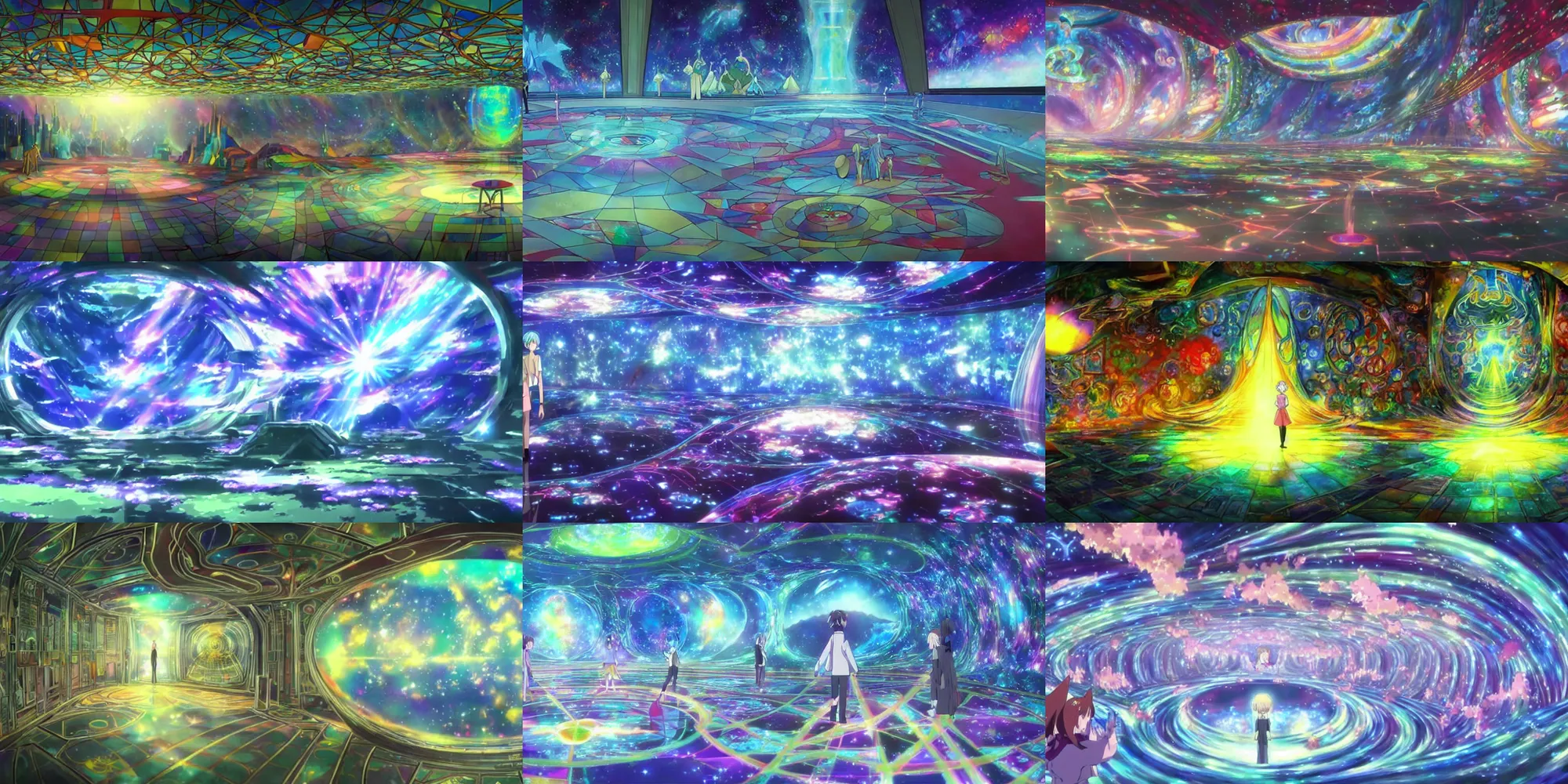 Prompt: a painting of inside the prism of dreams ; a beyond - dimensional fantasy world, in a screenshot from the science fiction anime series
