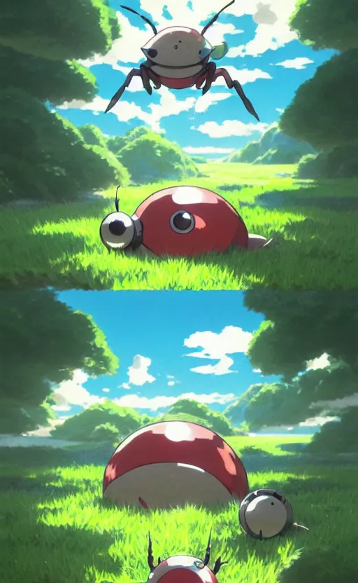 Image similar to a pocket monster go card from 1 9 5 0, illustration, clear sky background, lush landscape, concept art, anime key visual, trending pixiv fanbox, by wlop and greg rutkowski and makoto shinkai and studio ghibli and kyoto animation and ken sugimori, symmetrical facial features, cute beetle pet companion, box art