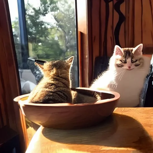 Image similar to chonky cats living lavish life drinking wine eating at the restaurant