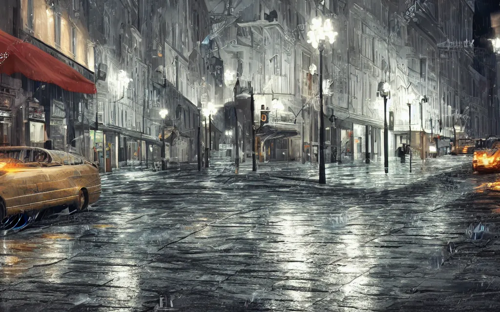 Prompt: concept art, wet helsinki street at night, in the style of grand theft auto