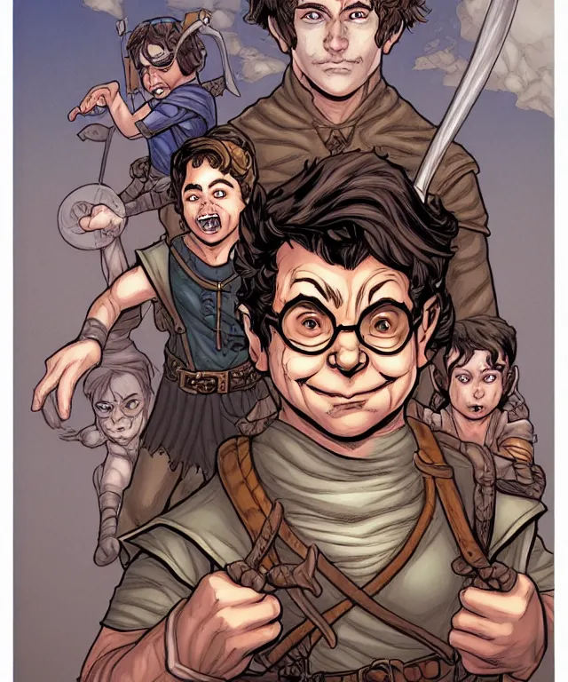 Image similar to a ( fantasy comic ) ( cover art ) portrait of a halfling burglar who looks like ( rick moranis ), digital illustration by jenny frison and sana takeda and kentaro miura, fine inking lines, dnd, highly detailed!, hd, 4 k, trending on artstation