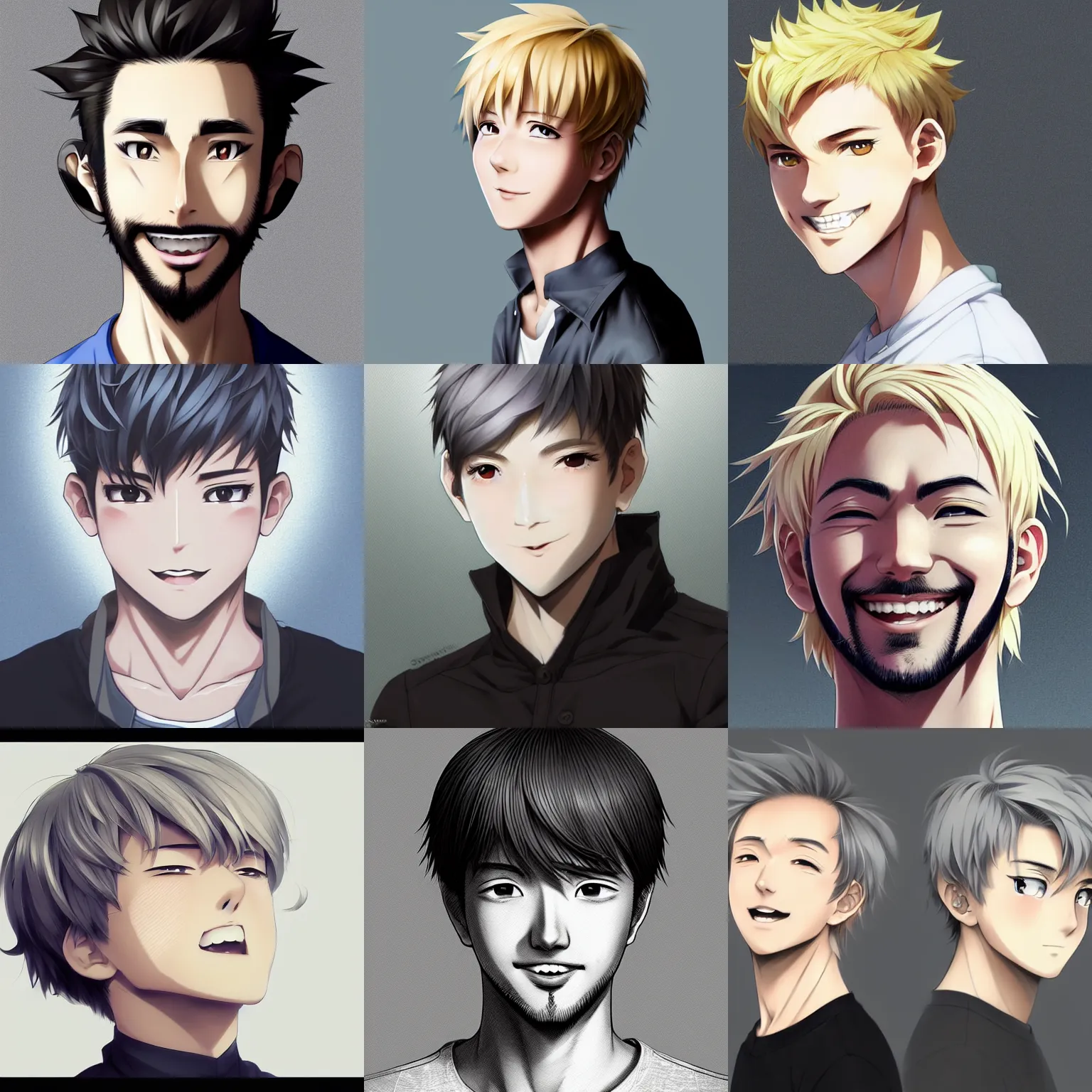 Prompt: A medium shot anime portrait of a smiling anime man with short blonde hair, grey eyes, short facial hair, medium shot portrait, his whole head fits in the frame, solid color background, flat anime style shading, head shot, 2d digital drawing by Stanley Artgerm Lau, WLOP, Rossdraws, James Jean, Andrei Riabovitchev, Marc Simonetti, and Sakimi chan, trending on artstation