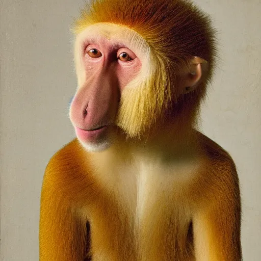 Image similar to Portrait of a Proboscis monkey, wearing a white wig, renaissance painting