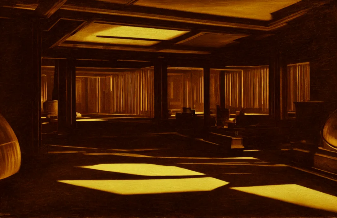 Image similar to virtuoso painting line density is used for rendering light and shadow. time bomb there is no sense of movement intact flawless ambrotype from 4 k criterion collection remastered cinematography gory horror film, ominous lighting, evil theme wow photo realistic postprocessing 8 k hyper real photo imax rectilinear lens building by frank lloyd wright